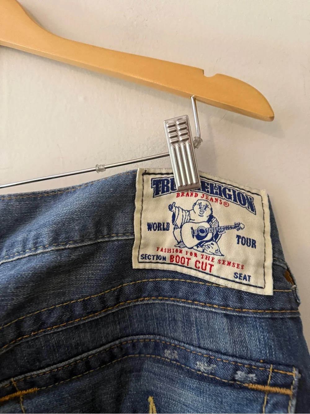Y2K RARE vintage True Religion Men's Blue Bootcut Jeans w orange gold Stitching